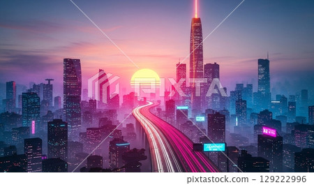 沐浴在夕陽下的未來霓虹城市 129222996