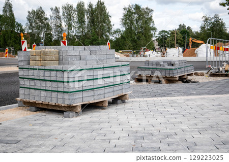 Paving Blocks on Pallets at Road Construction Site Paving Blocks on Pallets at Road Construction Site 129223025
