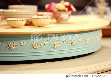 Kitchen Table Surface with Dishes and Kitchen Interior Details for Home Cooking Concept Kitchen Table Surface with Dishes and Kitchen Interior Details for Home Cooking Concept 129223088