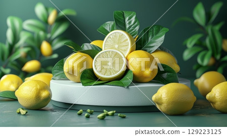 Vibrant lemons and lush leaves showcased on pedestal in front of calm green backdrop 129223125