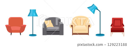 Set different lamp and armchair isolated on white. 129223188
