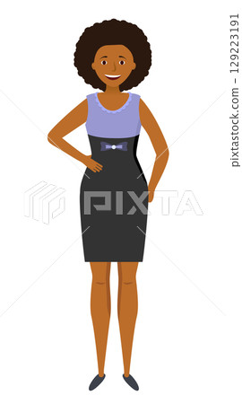 Surprised african american woman. in a black and blue dress 129223191