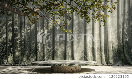 Luxurious velvet podium for elegant cosmetics display with intricate leaf shadow detailing Luxurious velvet podium for elegant cosmetics display with intricate leaf shadow detailing 129223195