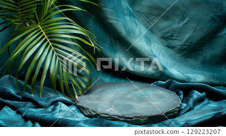 Sumptuous blue stone podium surrounded by exotic foliage in elegant sunlit setting 129223207