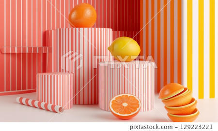 Citrus Fruit Display Sliced Orange and Whole Lemon on Striped Podiums, Minimalist Composition. Citrus Fruit Display Sliced Orange and Whole Lemon on Striped Podiums, Minimalist Composition. 129223221