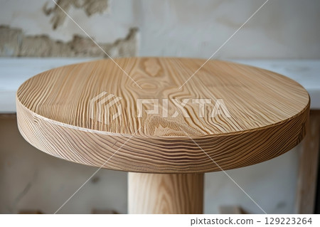 Abstract shadow of round wooden tabletop on white wall for product mockup display 129223264