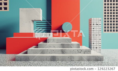 Abstract Minimal Geometric Forms, Stairs, and Podium with Terrazzo Concrete Texture, 3D Rendering 129223267