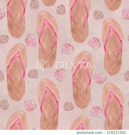 Mocha flip-flops with pink straps watercolor seamless pattern on mocha background. Hand drawn art perfect for souvenir decor and design, scrapbook, wrapping paper. Summer vacations. Beach clip art 129223303