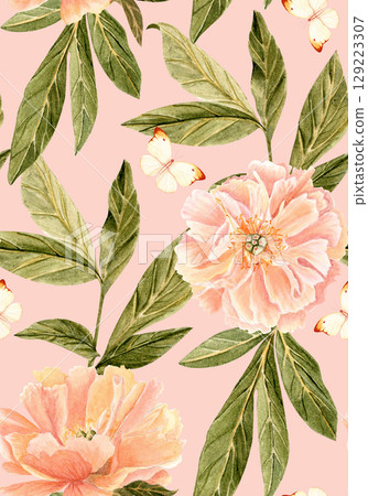 Coral peonies, green leaves, cream butterflies watercolor floral seamless pattern on pink background. Hand-painted perfect for wedding invitations, cards, gift wrap, fabric, romantic stationery design 129223307