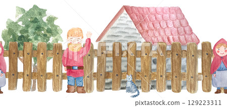Wooden fence, stone house, cheerful man waving, girl, a striped cat sitting on the fence. Watercolor seamless border isolated on white. Hand-painted scene perfect for children designs, storybook Wooden fence, stone house, cheerful man waving, girl, a striped cat sitting on the fence. Watercolor seamless border isolated on white. Hand-painted scene perfect for children designs, storybook 129223311