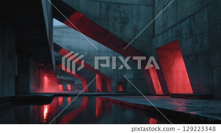 Futuristic Concrete Architecture with Red Lighting Reflections on Water Surface 129223348