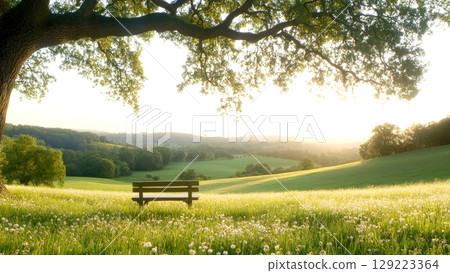 Empty bench under big oak tree overlooking green meadow at sunset, offering peaceful and relaxing view 129223364