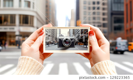 Tourist is taking photos in new york city using a vintage camera and smartphone 129223365
