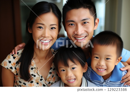 Chinese Family in Traditional Costume Posing with National Food in Authentic Interiors 129223386