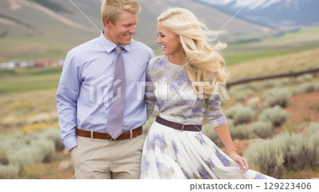 Stylish family enjoying a leisurely walk in the countryside in light summer attire 129223406