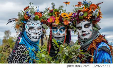 Colorful carnival scene with people dressed in grotesque flower costumes and unique masks 129223447