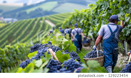 Peasants in rural clothing harvesting grapes, working in vineyard landscape, surrounded by nature 129223454