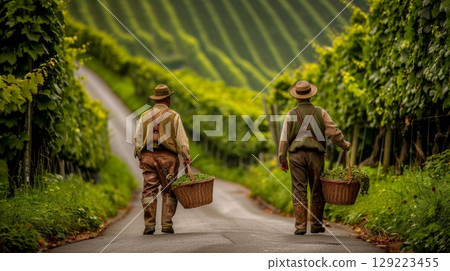 Peasants in rural attire picking grapes in scenic vineyard, immersed in nature and labor 129223455