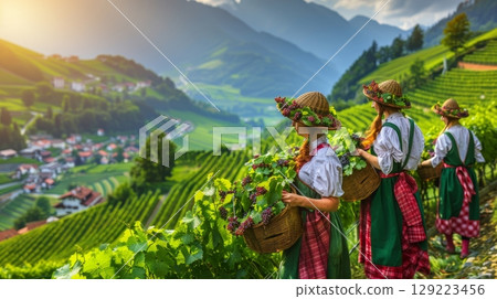 Rural peasants in traditional dress gathering grapes in scenic vineyard surroundings 129223456