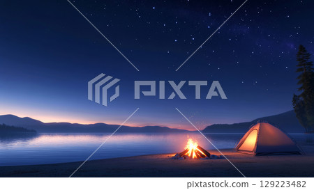 Tent and campfire by a tranquil lake under a starry night sky 129223482