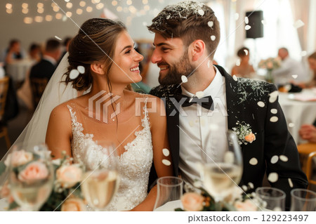 Newlyweds Share a Romantic Moment As Confetti Rains Down, Celebrating Their Wedding Day in Style. 129223497