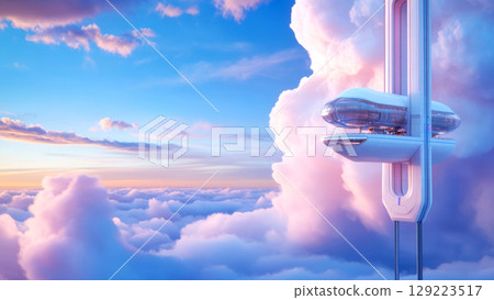 Sleek futuristic building floating among vibrant clouds 129223517