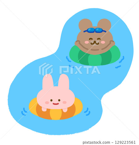Rabbit and bear playing in the sea and pool Rabbit and bear playing in the sea and pool 129223561