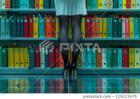 Woman in Skirt and Heels Standing in Front of Bookshelves Filled with Colorful Binders 129223670