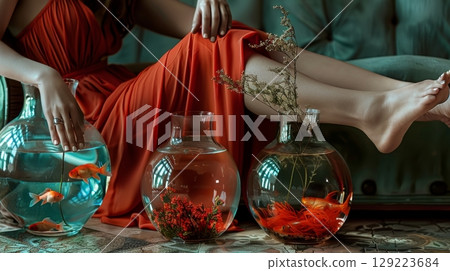 Woman in Red Dress, Goldfish in Glass Bowls, Artistic Theme of Home Comfort and Tranquility 129223684