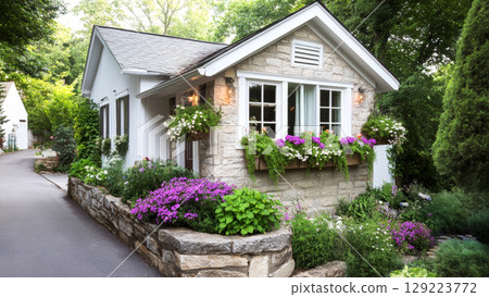 Beautiful cottage with blooming flower boxes, creating a welcoming and picturesque scene 129223772