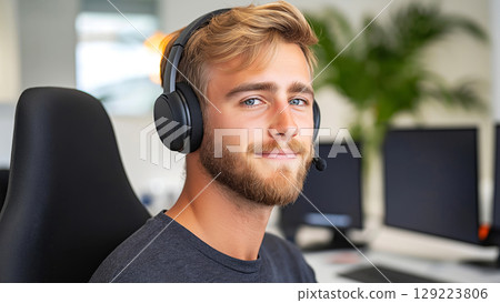 Man with headset working at a computer desk in a modern office 129223806