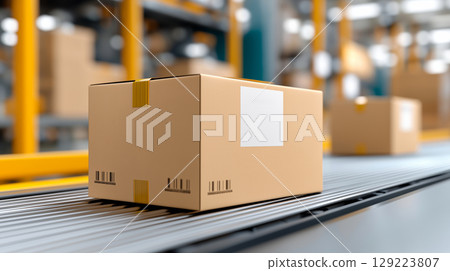 Cardboard box on conveyor in a modern shipping facility 129223807