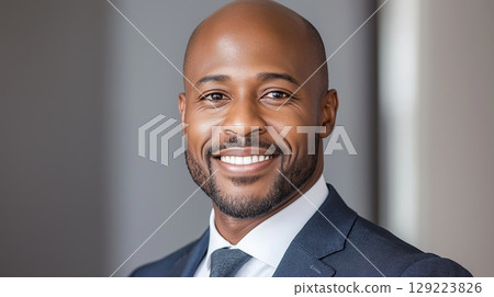 Smiling businessman in suit exuding confidence and professionalism 129223826