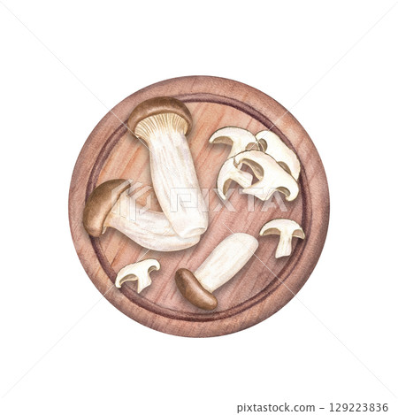 Whole and sliced king trumpet oyster mushrooms on round wooden board watercolor illustration on isolated background. Cooking Korean, Japanese or Chinese meal. For food blog, vegan recipe, menu. 129223836