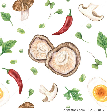 Shiitake mushrooms, red chili pepper, boiled egg half, and Asian spicy herbs watercolor seamless pattern on isolated background. Japanese, Korean, or Chinese cuisine illustration. For textile design. 129223837