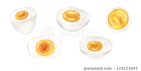 Boiled egg halves in different angles watercolor illustration clip art on isolated white background. ingredient set for healthy food blogs, breakfast recipes, restaurant menus and meal prep packaging 129223845