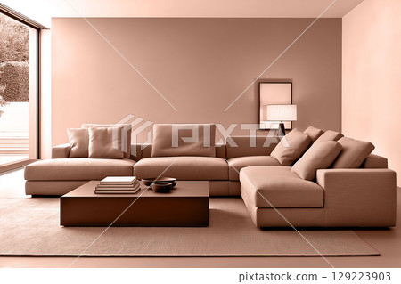 Chic living room with mocha mousse sofa sleek table and minimalist brown style. Modern trendy tone hue shade 129223903