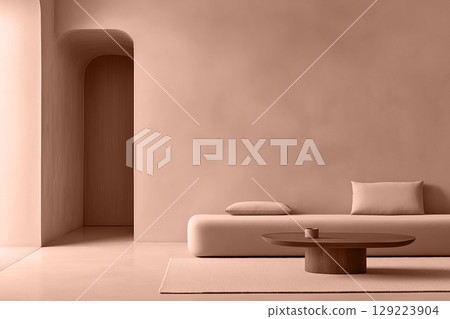 Spacious living area showcases a mocha mousse sofa with elegant cushions. Modern trendy tone hue shade 129223904