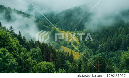 Low clouds covering lush green forested slopes and meadows in a mountain valley 129223912