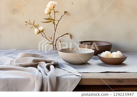Sublime white Peony Bouquet with Linen Leaves and Tender Yellow Blossoms, Radiating Gentle Freshness 129223947