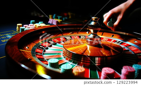 Casino croupier spins roulette wheel, tense players anticipate big win in thrilling game 129223994