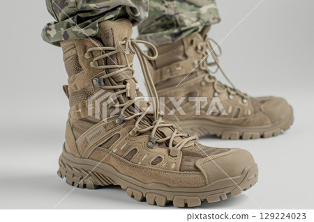 Detailed close up of tall lace up military soldier s boots on plain white background 129224023
