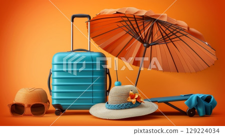 Summer vacation essentials on orange gradient  suitcase, sun lounger, hat, sunglasses, umbrella 129224034