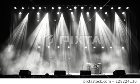 Empty stage illuminated by bright spotlights and filled with smoke, ready for a music concert or performance 129224136