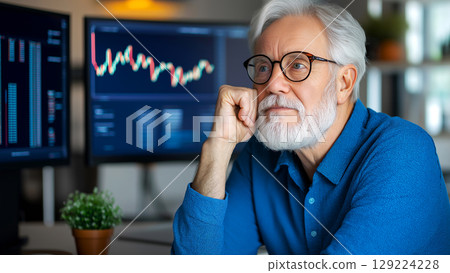 Thoughtful stock trader analyzing real-time market data, strategizing for investment decisions in office 129224228