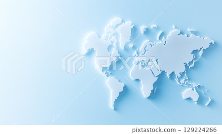 Minimalist world map embossed on a light blue background, creating a clean and modern aesthetic 129224266