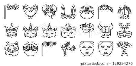 Masquerade masks black line icon set with dots, 21 monochrome vector signs Masquerade masks black line icon set with dots, 21 monochrome vector signs 129224276