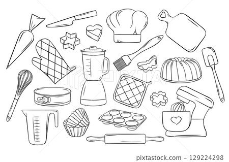 bakery and baking, large vector set, baking accessories, cookie molds, doodle and sketch style, simple black and white icons 129224298