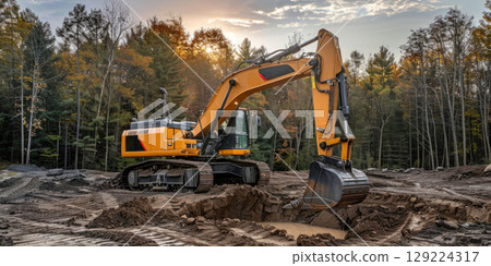 Powerful excavator digging deep into the ground at an active construction site. Heavy machinery at work preparing foundations for new building development 129224317