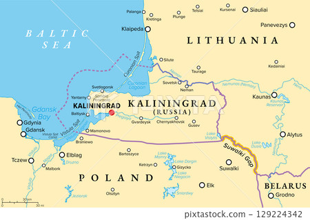 Kaliningrad and vicinity, political map. Kaliningrad Oblast, exclave and westernmost federal subject of Russia, on the Baltic Sea, between Lithuania and Poland. With strategic choke point Suwalki Gap. 129224342